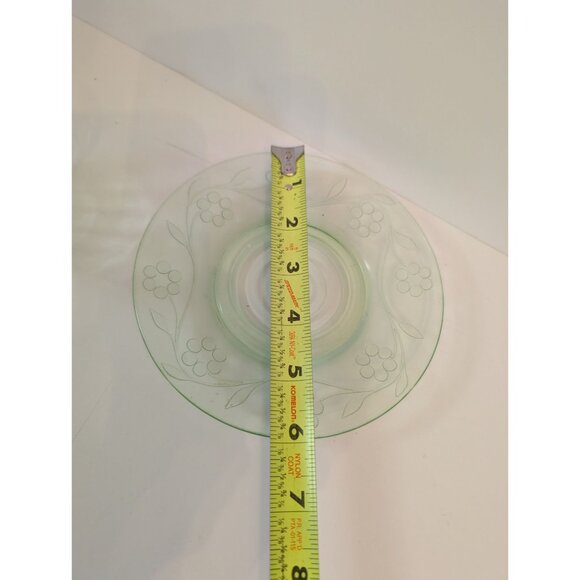 Vintage Green Uranium Glass Bowl & Saucer With Floral Etching - Picture 6 of 9